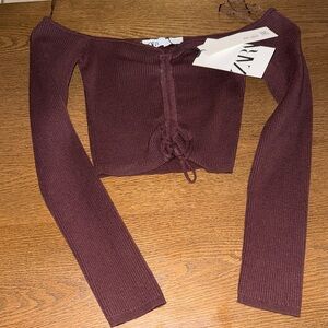 Zara Brown Off-Shoulder Ribbed Top